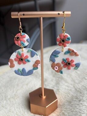 Handmade White Floral Drop Earrings with Pink & Blue Accents